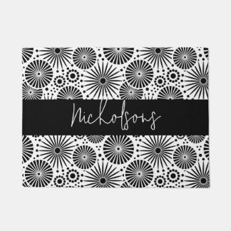 Modern black white geometric floral Family Name Doormat
