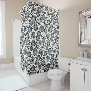 Modern Black White Geometric Flowers Starburst Shower Curtain