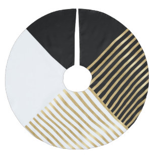 Modern Black White Geometric Gold Stripes Brushed Polyester Tree Skirt