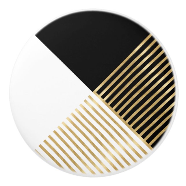 Modern Black White Geometric Gold Stripes Ceramic Knob (Front)