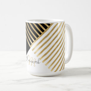 Modern Black White Geometric Gold Stripes Coffee Mug