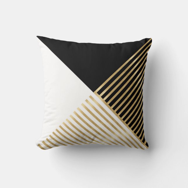 Modern Black White Geometric Gold Stripes Cushion (Front)