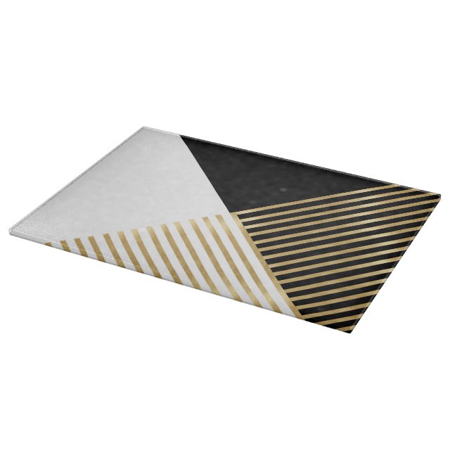 Modern Black White Geometric Gold Stripes Cutting Board (Corner)