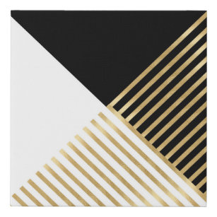 Modern Black White Geometric Gold Stripes Faux Canvas Print