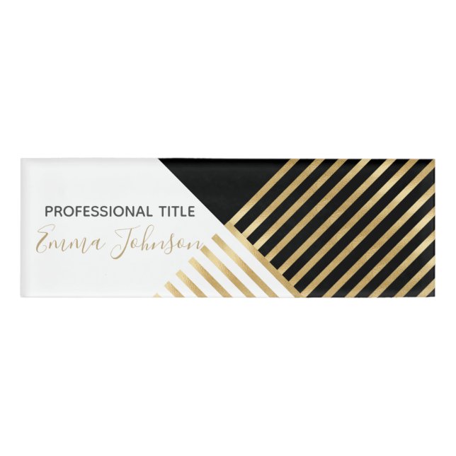 Modern Black White Geometric Gold Stripes Name Tag (Front)