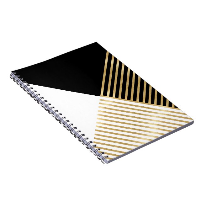 Modern Black White Geometric Gold Stripes Notebook (Right Side)
