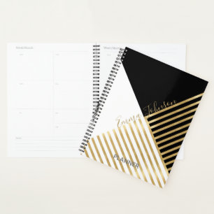 Modern Black White Geometric Gold Stripes Planner