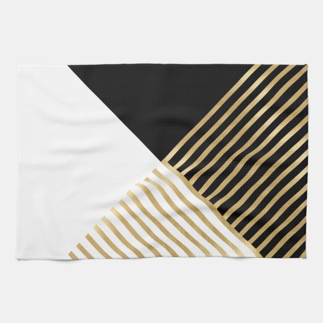 Modern Black White Geometric Gold Stripes Tea Towel (Horizontal)