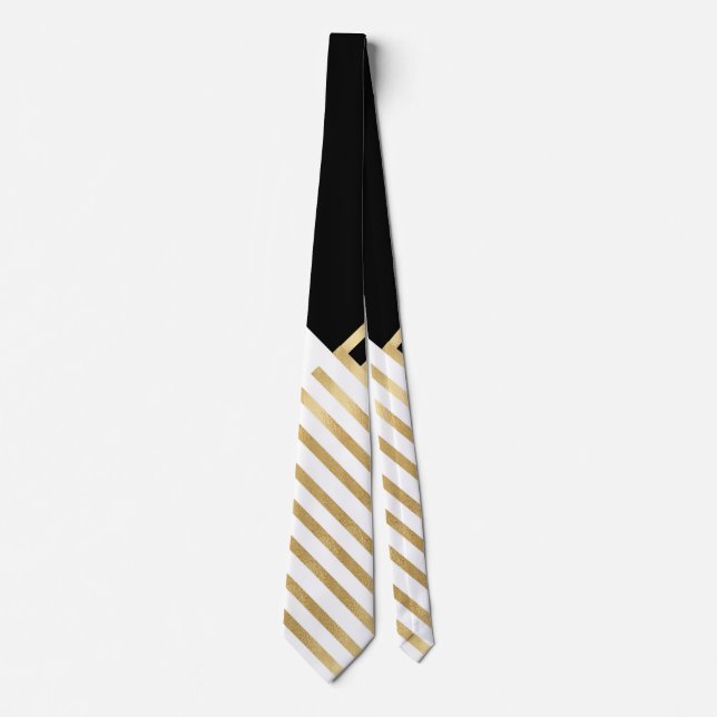 Modern Black White Geometric Gold Stripes Tie (Front)