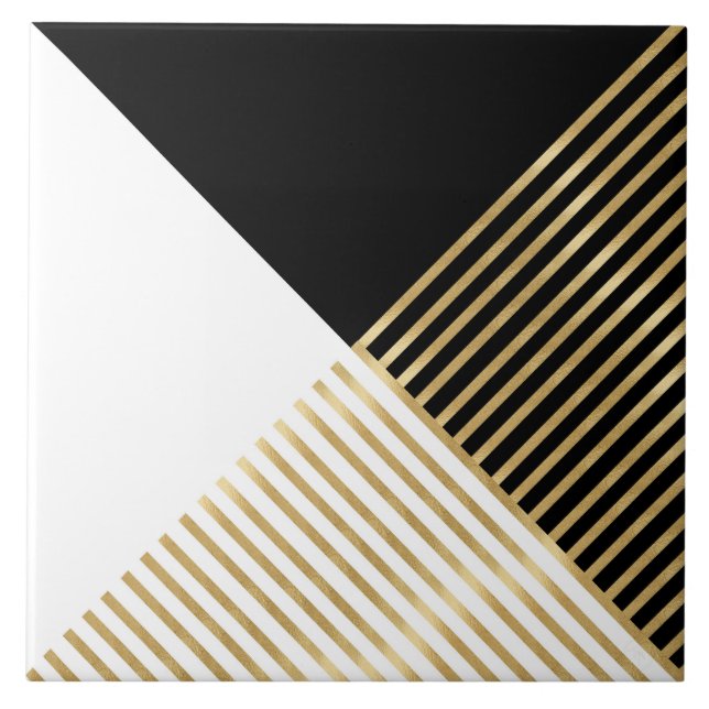 Modern Black White Geometric Gold Stripes Tile (Front)
