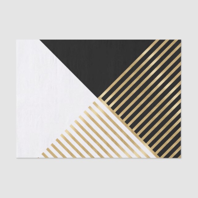 Modern Black White Geometric Gold Stripes Tissue Paper (Front)