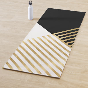 Modern Black White Geometric Gold Stripes Yoga Mat