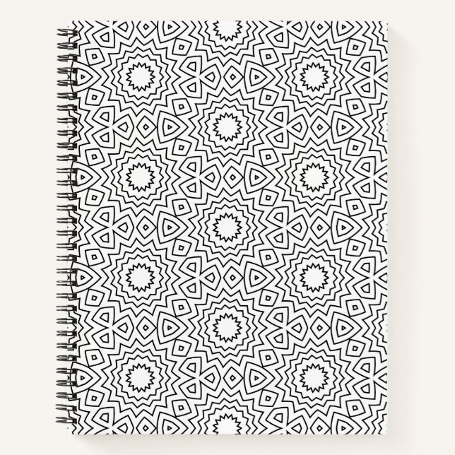 Modern Black & White Geometric Mandala Pattern Notebook (Front)