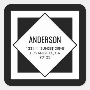 Modern Black & White Geometric Return Address  Square Sticker