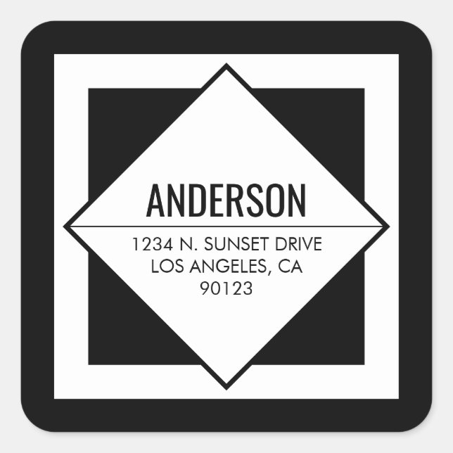 Modern Black & White Geometric Return Address  Square Sticker (Front)