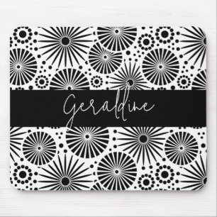 Modern black white geometric starburst Name  Mouse Mat