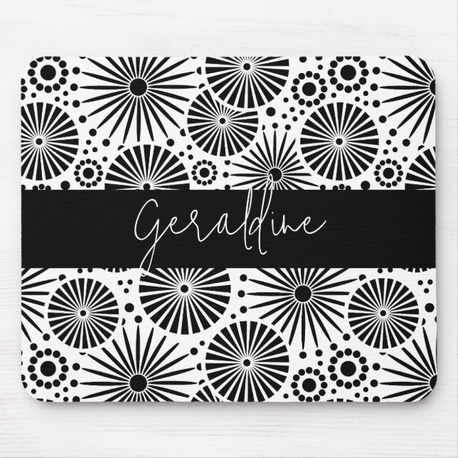 Modern black white geometric starburst Name  Mouse Mat (Front)