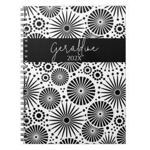 Modern black white geometric starburst Name Notebook