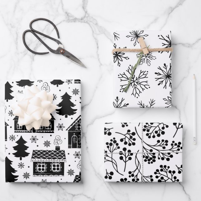 Modern Black White Gingerbread house Christmas Wrapping Paper Sheet (Front)