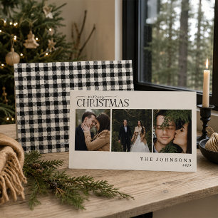 Modern Black & White Gingham Newlywed Xmas Photo Holiday Card
