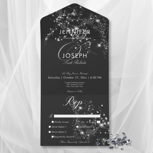Modern Black & White Glam Diamonds Dinner All In One Invitation (Modern Black & White Glam Diamonds Dinner All In One Invitation)