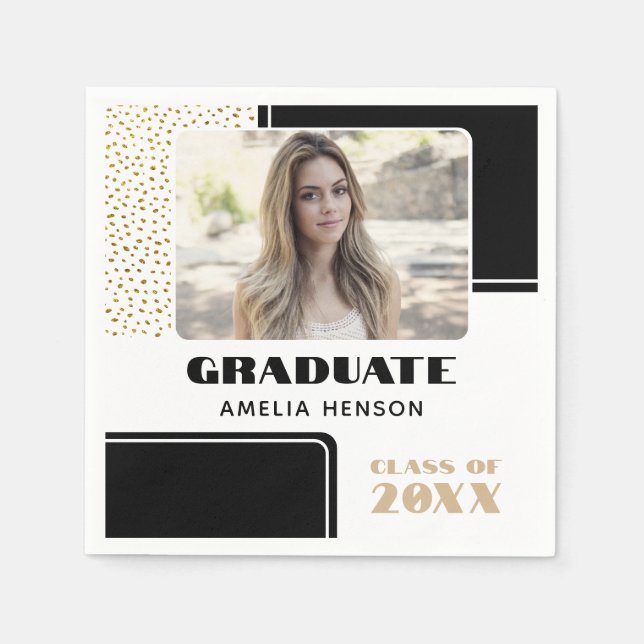 Modern Black White Glitter Graduate Photo  Napkin (Front)