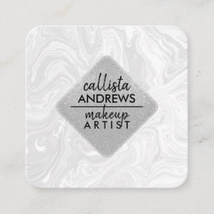 Modern Black White Glitter Swirly Marble Ink Square Business Card