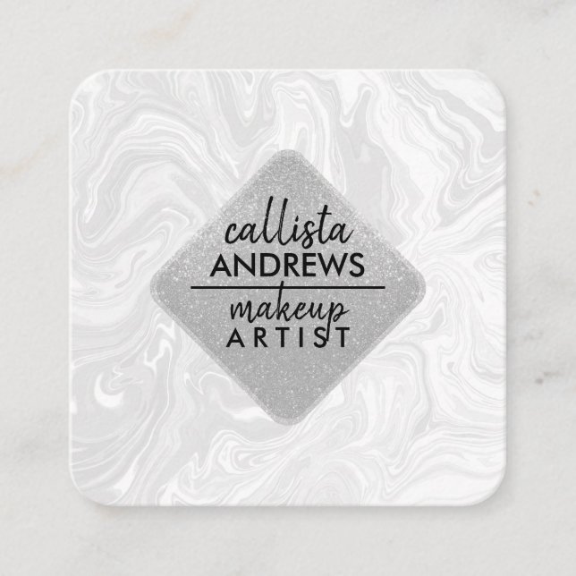 Modern Black White Glitter Swirly Marble Ink Square Business Card (Front)