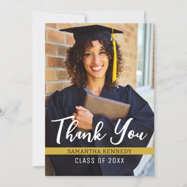 Modern Black White Gold 2025 Graduation Photo  Thank You Card (Front)