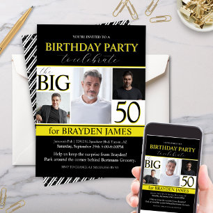 Modern Black White Gold 50th Birthday Invitation
