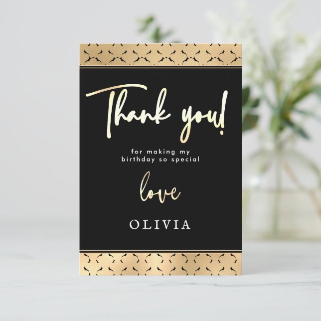 Modern Black White Gold Birthday Party "Thank you" Thank You Card (Standing Front)