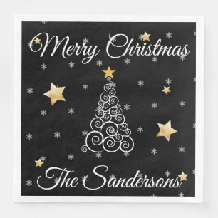 Modern Black white gold Christmas Wave tree Napkin