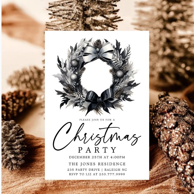 Modern Black & White Gold Christmas Wreath Party Invitation (Creator Uploaded)