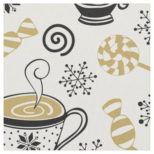 Modern Black White Gold Coffee Cup Candy Snowflake Fabric (Close Up)