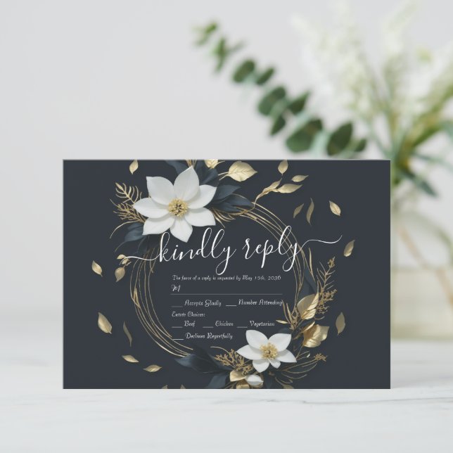Modern Black White Gold Floral Wreath Wedding RSVP (Standing Front)
