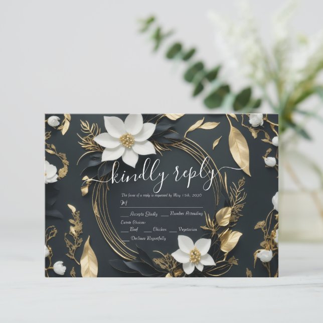 Modern Black White Gold Floral Wreath Wedding RSVP Card (Standing Front)