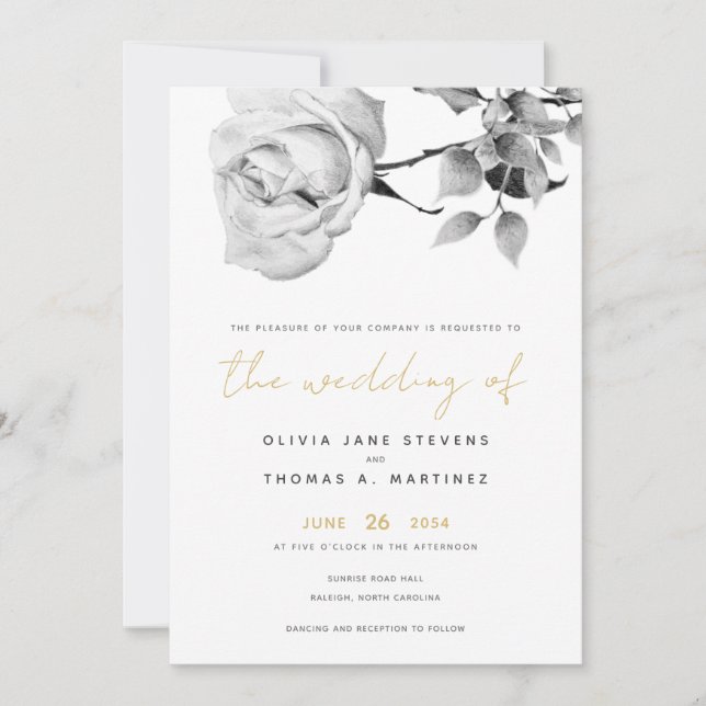 Modern Black White Gold Hand-Drawn Rose Wedding Invitation (Front)