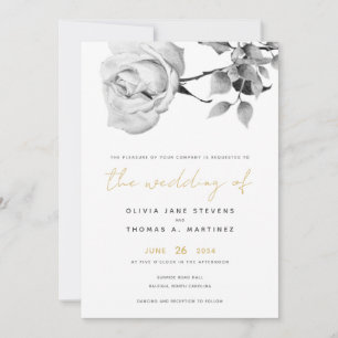 Modern Black White Gold Hand-Drawn Rose Wedding Invitation
