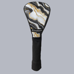 Modern Black White Gold Marble Personalised Golf Head Cover