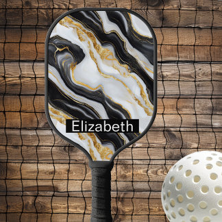 Modern Black White Gold Marble Personalized Pickleball Paddle