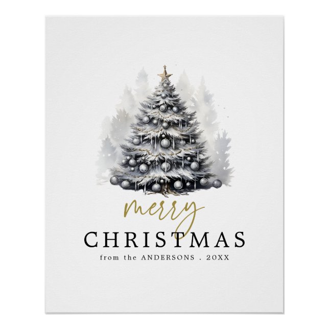Modern Black & White Gold Merry Christmas Tree Poster (Front)