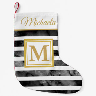 Modern Black White Gold Monogram Initial Name Small Christmas Stocking