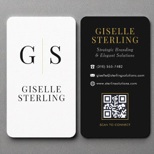 Modern Black White Gold Monogram QR Code Business Card