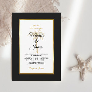 Modern Black White Gold Palm Tree Wedding Invitation