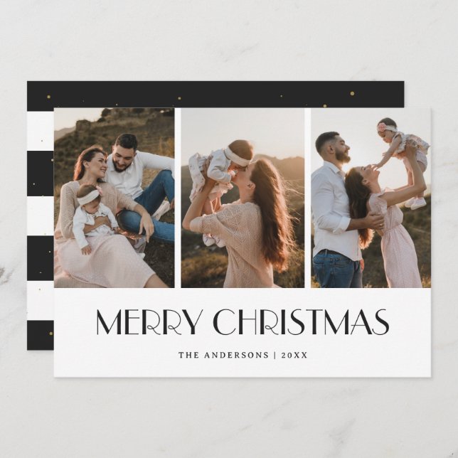 Modern Black White Gold Photo Collage Christmas Holiday Card (Front/Back)