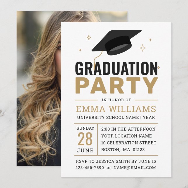 Modern Black White Gold Photo Graduation Party Invitation (Front/Back)