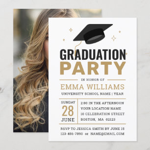 Modern Black White Gold Photo Graduation Party Invitation