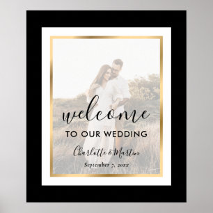 Modern Black White Gold Photo Wedding Welcome Sign