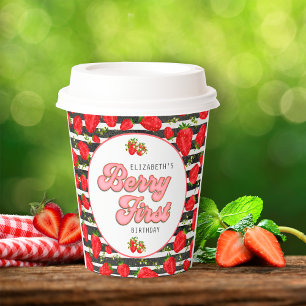 Modern Black White Gold Red Strawberry Berry First Paper Cups