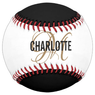 Modern black white gold script monogram name  softball